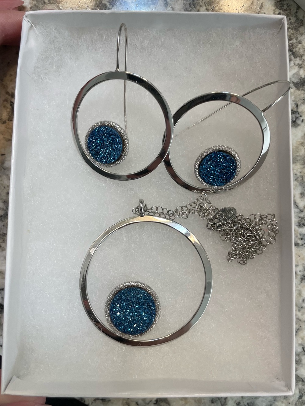 Frederic Duclos Sterling Silver Blue Druzy Circle Necklace and Earrings Set